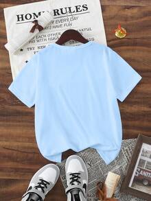 Spring And Summer Casual Fashionable Creative Personalized Fresh Elegant Minimalist Blue Faux Pearl Bow Design Print Basic Blue Short T-Shirt, Comfortable Daily Wear For Tween Girl, Suitable For Spring, Summer And Autumn - Blue - View 2