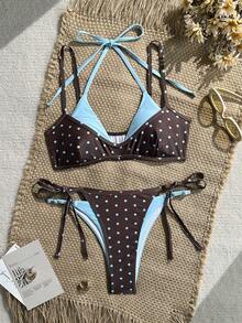 SHEIN Swim Vcay 新款春夏波点撞色抽绳裤女士两件套比基尼套装 - 彩色 - 查看 6