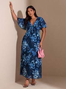 SHEIN BAE Plus Size Women Purple Floral Ruffle Sleeve Dress - Blue - View 1
