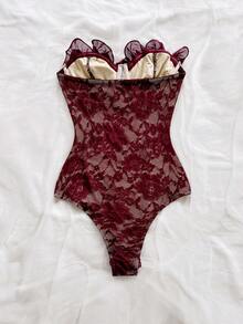 Soleia Body con volantes sin tirantes para mujer, adecuado para vacaciones, fiestas, té de la tarde, festivales de música, playa, atuendo de verano, estilo bohemio, ganchillo, lino - Burdeos - Ver 2