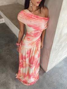 Aloruh Elegant Romantic Summer Flowy Mesh A-Line Dress,Asymmetric Waist Ruched Decor Beige Ethereal Fairy Style,Wedding Birthday Mother Of The Bride - Pink - View 4