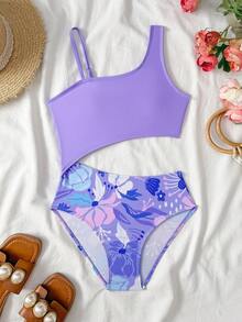 SHEIN 少女可爱简约紫色拼接印花针织数码不对称吊带镂空腰部连体泳衣，时尚休闲优雅女士款，适合游泳、夏季度假、海滩、泳池、节日派对等场合。 - 紫色 - 查看 2