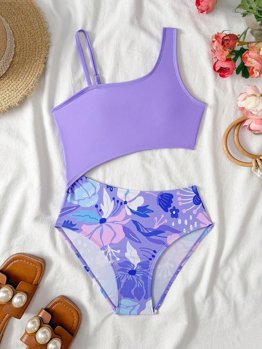 SHEIN Bộ đồ bơi liền thân cho bé gái tuổi teen, dễ thương, kín đáo, màu tím phối họa tiết, dây đeo bất đối xứng, eo khoét rỗng, thời trang, thanh lịch, thích hợp cho bơi lội, kỳ nghỉ hè, bãi biển, hồ bơi, tiệc tùng. - Màu tím - Xem 1