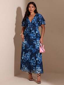 SHEIN BAE Plus Size Women Purple Floral Ruffle Sleeve Dress - Blue - View 4
