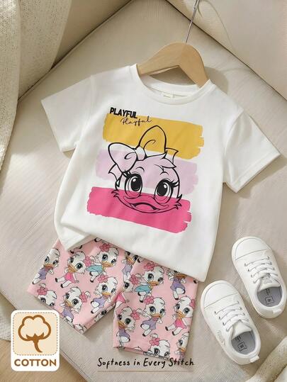 Cozy Pixies 女婴卡通动物印花柔软针织圆领短袖上衣和松紧腰短裤两件套