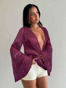 Aloruh Women's Deep V-Neck Floral Embroidery Pattern Casual Versatile Daily Wear Shirt,Summer Top - Burgundy - View 5