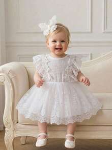 SHEIN Glamorique Kids Đầm bồng sang trọng, không tay, màu trắng, ren hoa, thắt eo cho bé gái. - trắng - Xem 9