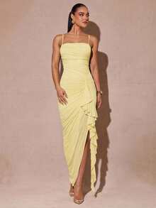 Silquee Elegant Pale Yellow Summer Seductive Party Dress, Ruffle High Slit Maxi Cami Bodycon Dress For Women,Valentine's Day,Date,Wedding Guest,Prom - Light Yellow - View 3