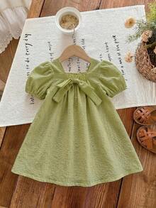 SHEIN Babygirl Cute Green Plaid Short Sleeve Bow Loose Sundress For Summer - Olive Green - View 3