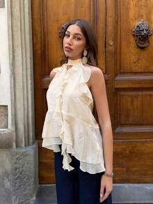 Siren Gaze Áo yếm cổ yếm xếp nếp màu trơn thanh lịch, hàng mới về mùa xuân/hè. - Màu be - Xem 6