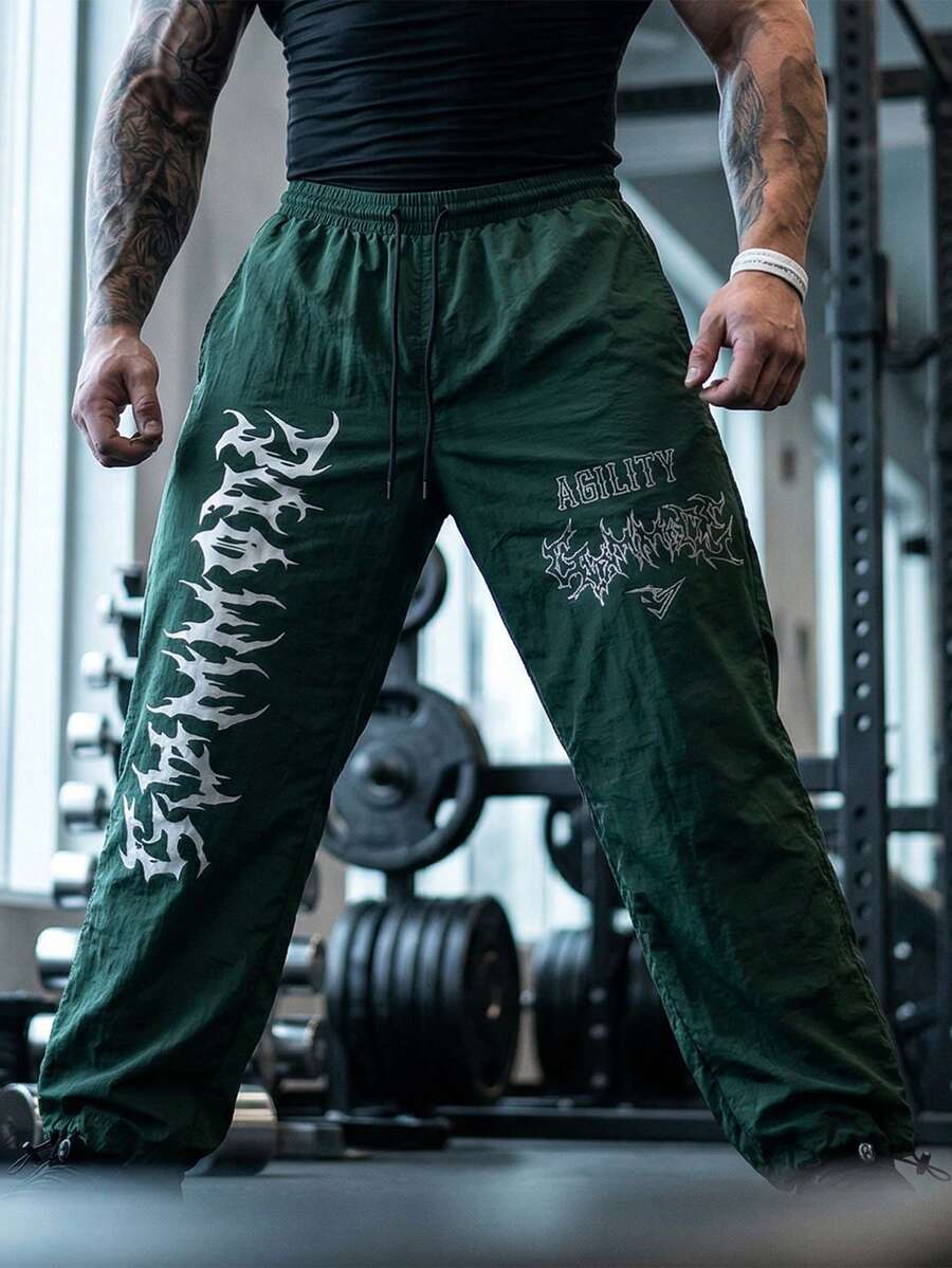GymBeat Men's Casual Letter Print Drawstring Waist Sports Pants, Fashionable Streetwear For Spring, Summer And Autumn Daily Commute - Dark Green - View 1