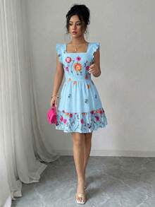 Elenzga Rochie de vacanță casuală pentru femei, albă, cu imprimeu digital floral multicolor, decolteu pătrat, tiv cu volane, fără mâneci, potrivită pentru carnaval, Ziua Muncii, Paște, întoarcerea la școală, Ziua Profesorului, student, campus, călătorii, stradă, grădină, vară, modă esențială nouă - Bleu - Vizualizare 6