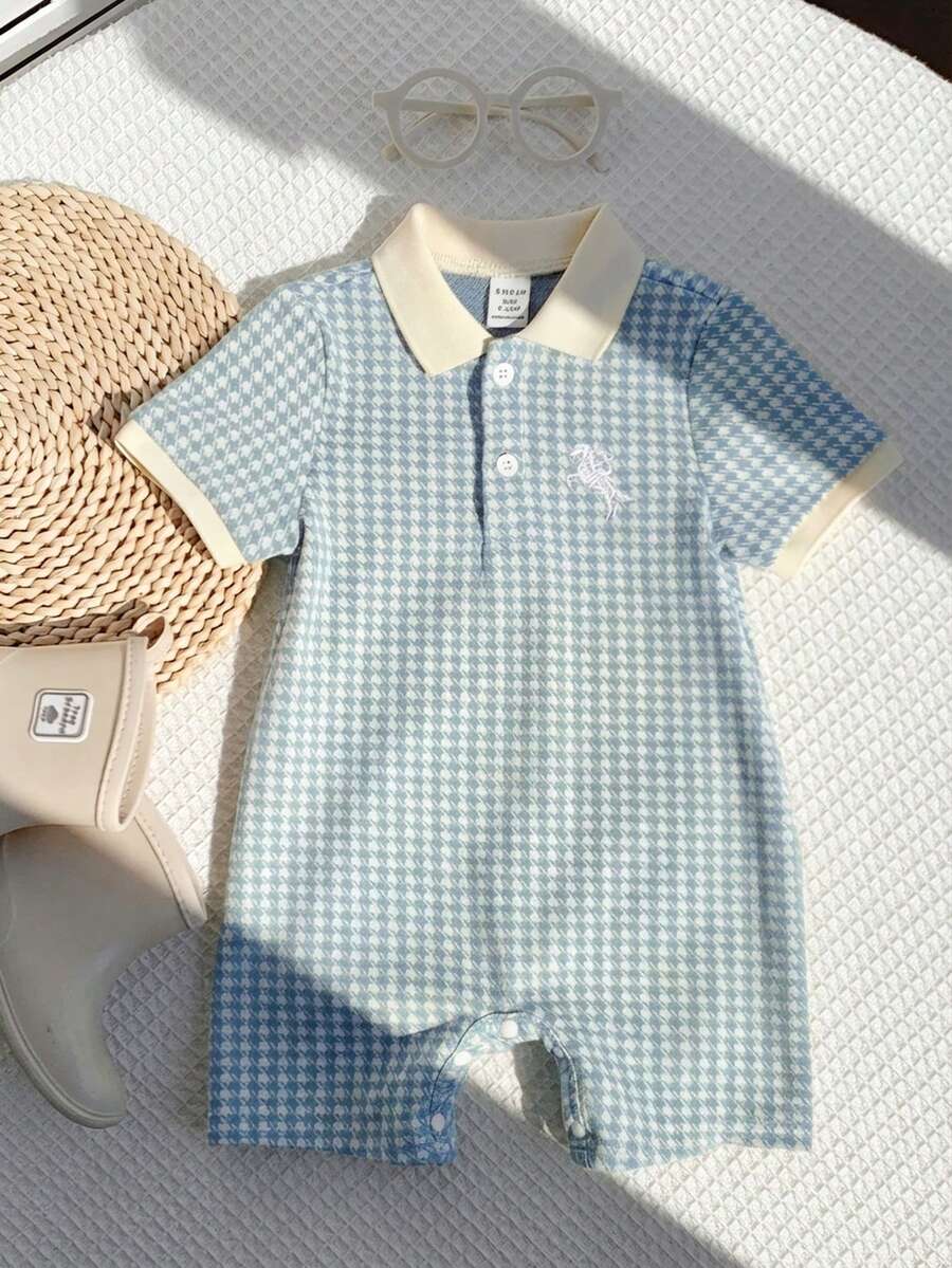 SHEIN 男女宝宝通用款绿色千鸟格印花短袖连体衣,适合春夏穿着 - 藍色 - 查看 1