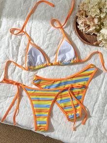 Swim Mod Nuevo conjunto de bikini de 3 piezas con estampado de rayas y escote halter, conjunto de bikini para vacaciones en la playa y citas de mujeres - Multicolor - Ver 2