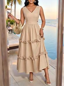 SHEIN Lady Vestido sin mangas con cuello en V y volantes en el bajo de unicolor para mujer - Caqui - Ver 9