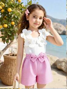 SHEIN Elladie kids 女童（小号）碎花吊带连体裤，蓝白相间，甜美舒适，配大碎花腰带，夏季休闲女童装 - 粉色 - 查看 9