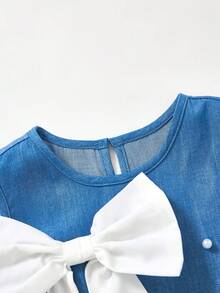 SHEIN 少女對比色蝴蝶結珍珠裝飾無袖洋裝 - 彩色 - 查看 11