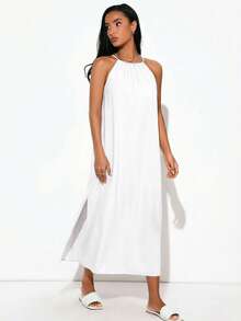 SHEIN BASICS Women's Solid Color Minimalist Woven Halter Neck Side Slit Dress White Dresses Summer Dresses - White - View 5