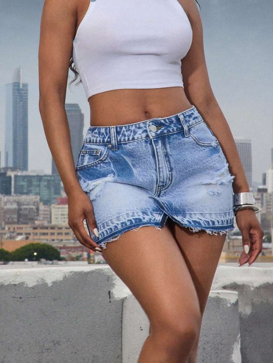 Denimoi Chân váy denim ngắn nữ kiểu dáng thường ngày đa năng, có túi và cúc, thiết kế rách nhẹ.