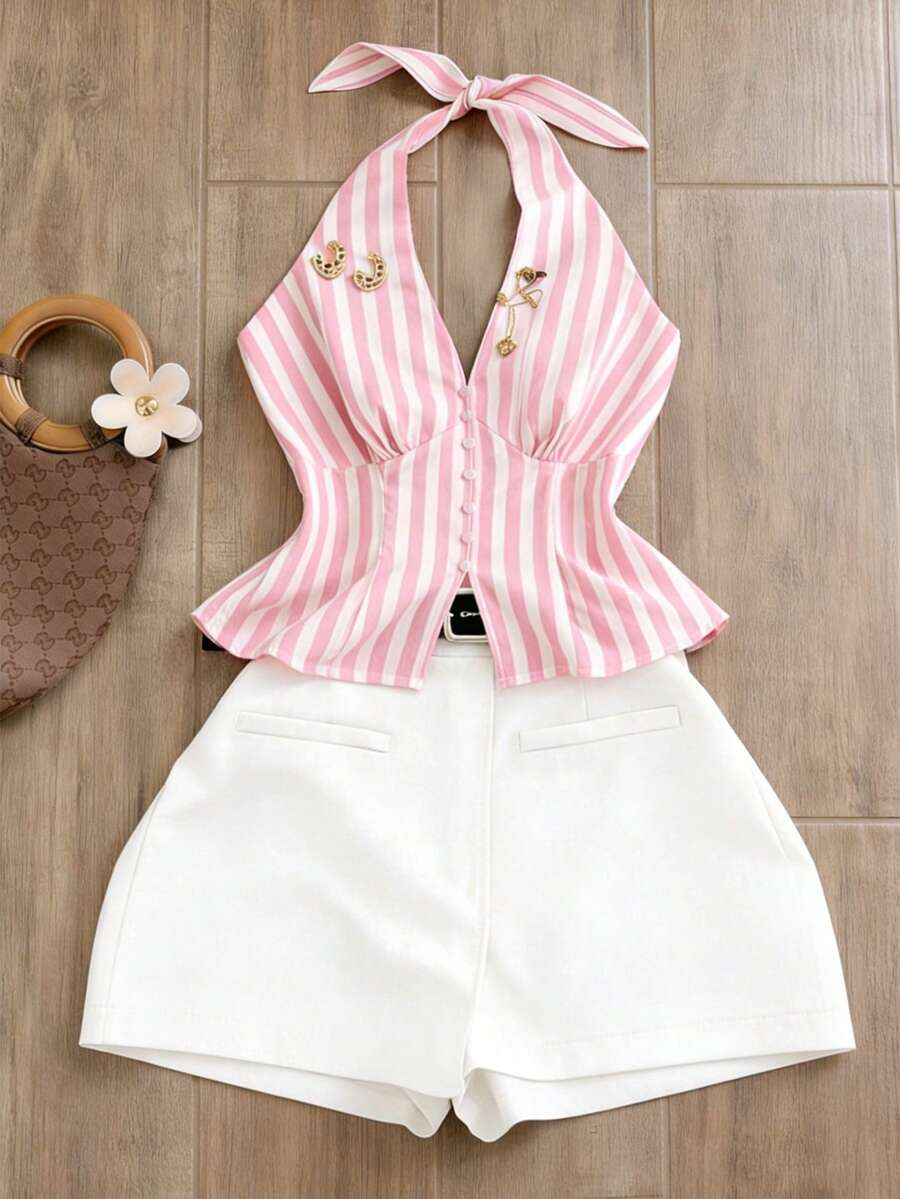Franclia Women's Striped Halter Tie Top And Shorts Casual 2 Pieces Set - Multicolor - View 1