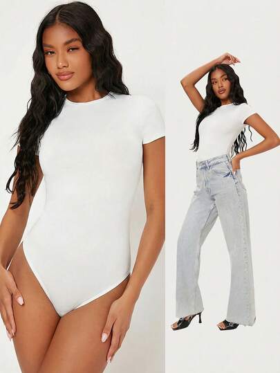 SHEIN BASICS Women's Solid Color Round Neck Short Sleeve Casual Bodysuit Bodysuits For Teens Tshirt Bodysuit