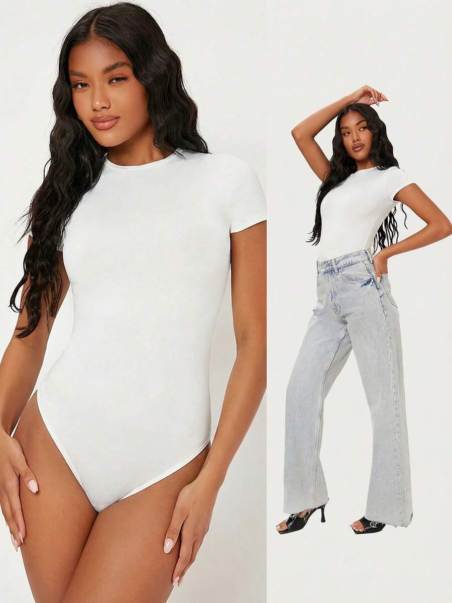 SHEIN BASICS 女款素色圓領短袖休閒連身衣夏季女裝
