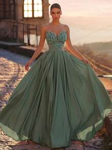 Glamrae Vestido de corpiño con cuentas, lentejuelas y bordados elegante y lujoso con bajo acampanado, adecuado para bodas, eventos, fiestas, vacaciones, galas y ocasiones formales (muy recargado) - Verde hierba - Ver 2