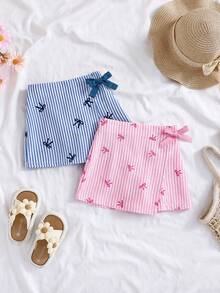 SHEIN LMoss Kids 女童条纹蝴蝶结装饰短裤 - 彩色 - 查看 10