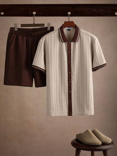 Core Aspect بدلة قصيرة الأكمام كاجوال للرجال للصيف، طقم قميص بياقة أزرار، طقم قميص كاجوال أنيق متجه، مناسب للوقت الحر والمنزل والتنقل، وصول جديد