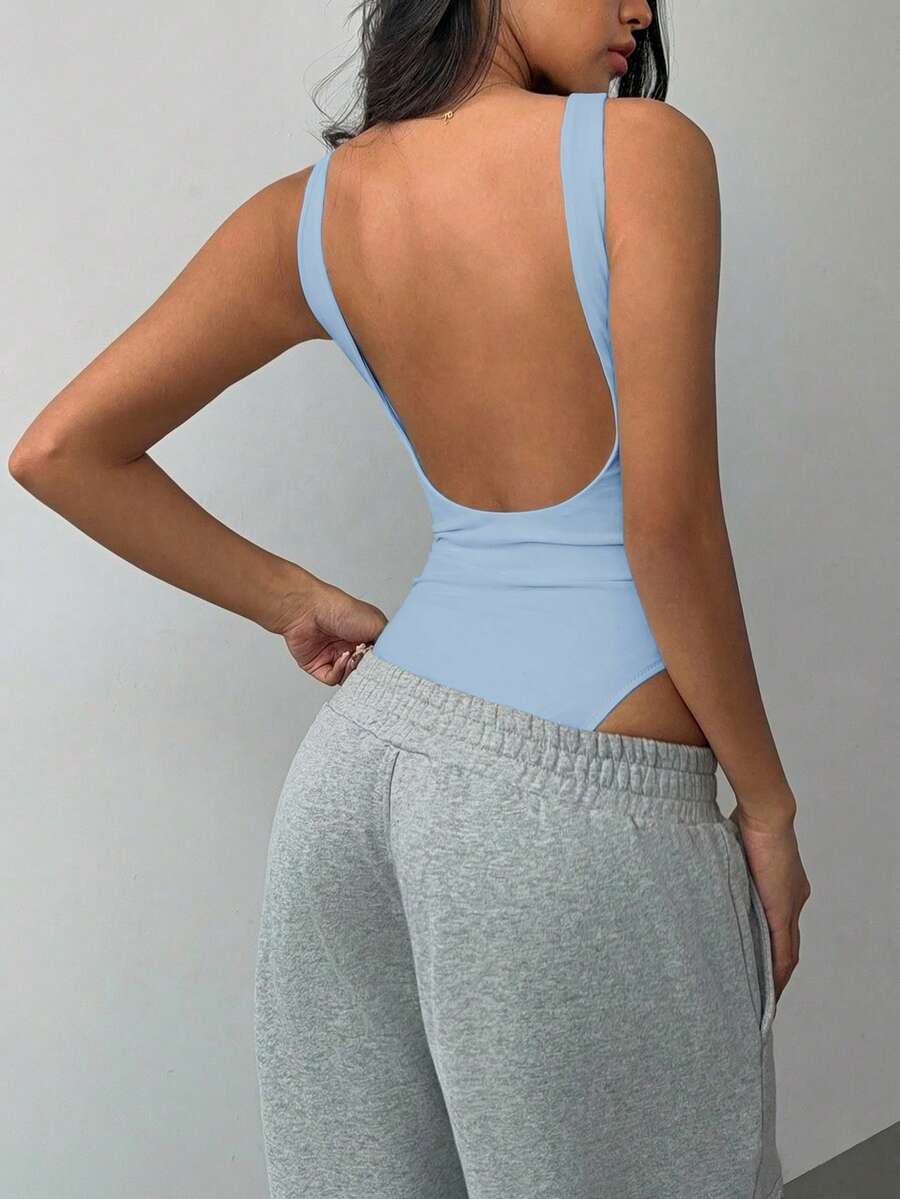 SHEIN BASICS Casual Solid Color Knit Backless Bodysuit Summer Outfit For Women