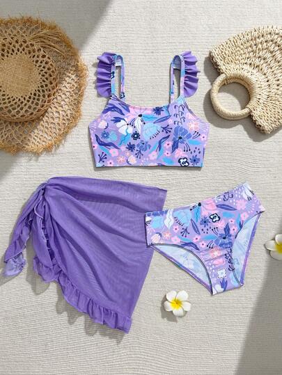 SHEIN Tween Girl Tropical Plant Print Bikini Set - Purple, Pink, White, Blue Spaghetti Strap Top With Flutter Sleeves, Floral Print Triangle Bottoms, Matching Sarong, Padded Modest & Comfortable, Fashionable Swimwear For Summer Vacation, Pool, Surfing, Holiday