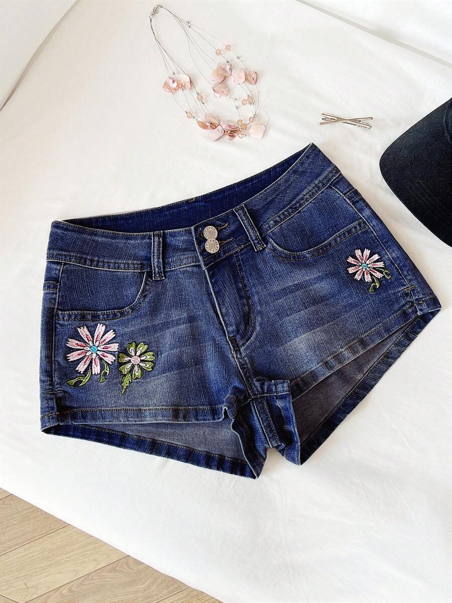 Elamini Women's Casual Everyday Denim Shorts With Pockets And Floral Embroidery Design - Medium Wash - View 1