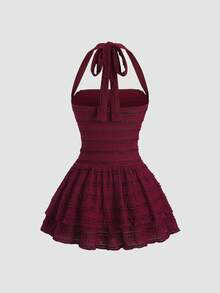 Sweetra New Casual Solid Color Textured Tie-Up Camisole High Waist Flared Skirt, Suitable For Spring/Summer Everyday Wear - Burgundy - View 2