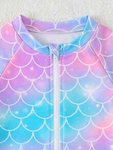 Young Girls Round Neck Raglan Sleeve Zipper Ruffle One-Piece Swimsuit - Multicolor - View 5