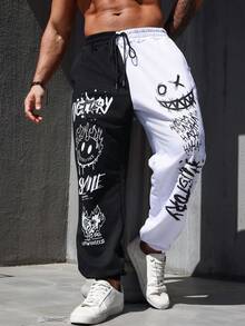 Manfinity EMRG Men Plus Cartoon & Letter Graphic Two Tone Sweatpants, For Rave - Black and White - View 4