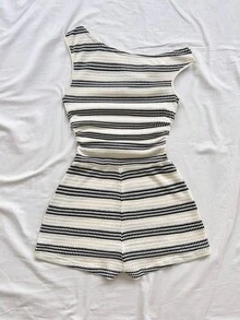 Soleia Bộ jumpsuit ngắn ôm sát cơ thể dành cho nữ, kiểu dáng thường ngày, kẻ sọc, gợi cảm, bất đối xứng vai, đính sao biển và kim loại trang trí, thích hợp cho bãi biển, du thuyền, kỳ nghỉ, hẹn hò, trà chiều, lễ hội âm nhạc, phong cách bohemian, nghỉ mát biển, mùa hè, trang phục lễ hội âm nhạc, đa năng cho mọi mùa, đi làm hàng ngày. - Nhiều màu - Xem 2