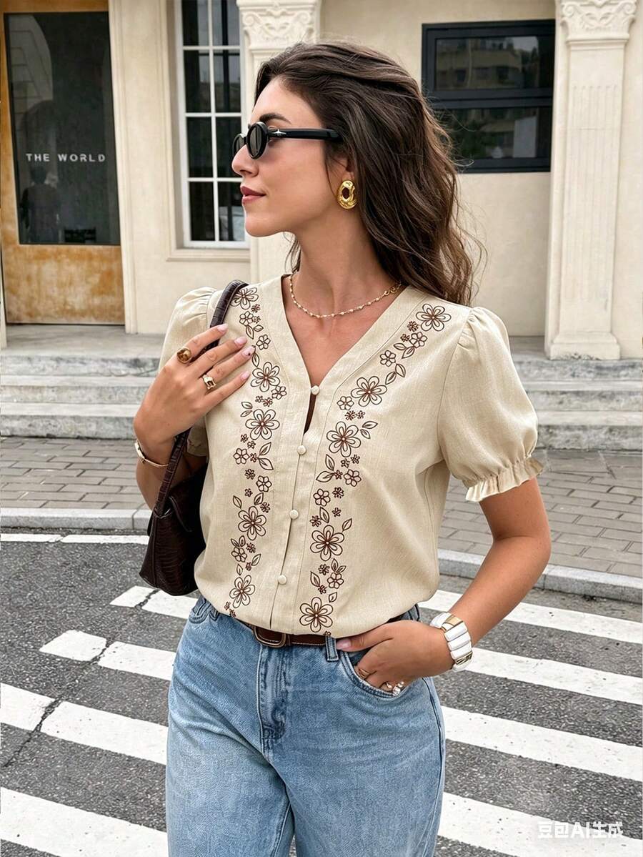 SHEIN Frenchy 女士印花V领单排扣休闲百搭日常短袖衬衫 - 杏色 - 查看 1