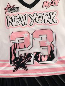 SHEIN 2pcs/Set Young Girl Letter & Number Pattern V-Neck Loose Casual T-Shirt And A-Line Skirt - Pink - View 10