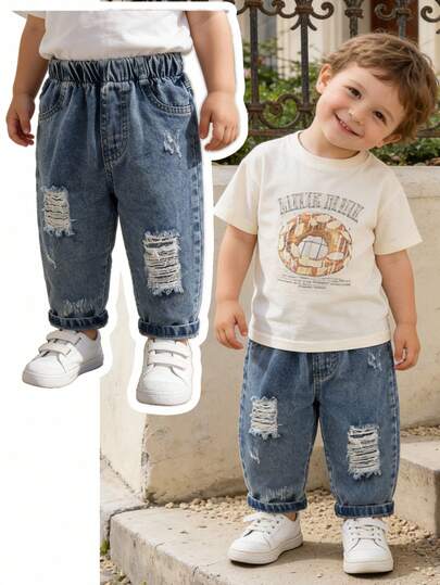 Quần jean denim thường ngày đa năng cho bé trai, thích hợp cho mùa xuân/hè/thu/đông, màu xanh dương trung bình, dáng ống côn rách nhẹ, chất vải mềm mại và thoải mái, phù hợp cho các hoạt động hàng ngày.