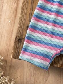 Babygirl Cute Casual Knit Striped Floral Pattern Camisole Romper - Multicolor - View 7