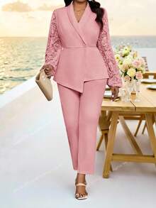 SHEIN Lady 大码女式蕾丝拼接长袖外套和裤子休闲套装 - 粉色 - 查看 1