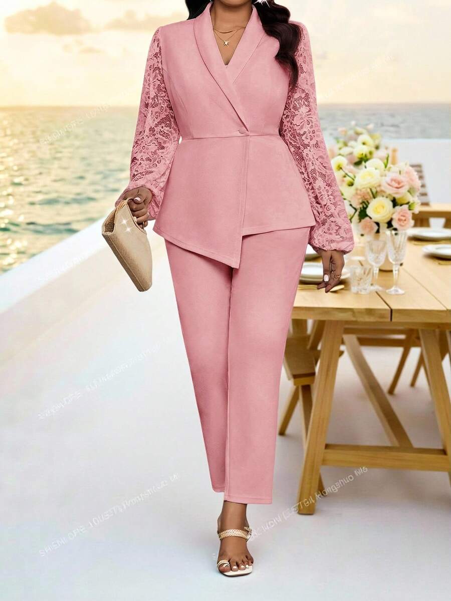 SHEIN Lady 大码女式蕾丝拼接长袖外套和裤子休闲套装 - 粉色 - 查看 1