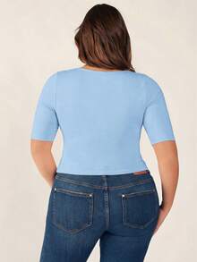SHEIN BASICS Plus Size Women Solid Color Casual Versatile Daily Dinner Office Short Sleeve T-Shirt Tops For Square Neck Top Plain Light Blue Summer - Blue - View 3