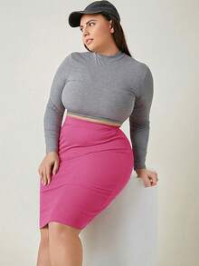 SHEIN BASICS 大码女式纯色休闲百搭通勤半身裙 - 玫紅色 - 查看 3