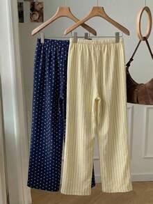 Comfortcana 2 chiếc quần dài màu xanh dương và vàng, quần ống rộng dệt sọc vàng chấm bi kiểu lễ hội âm nhạc, quần chấm bi xanh dương, mùa hè, quần áo nữ mùa hè, trang phục nữ mùa xuân hè. - Nhiều màu - Xem 2