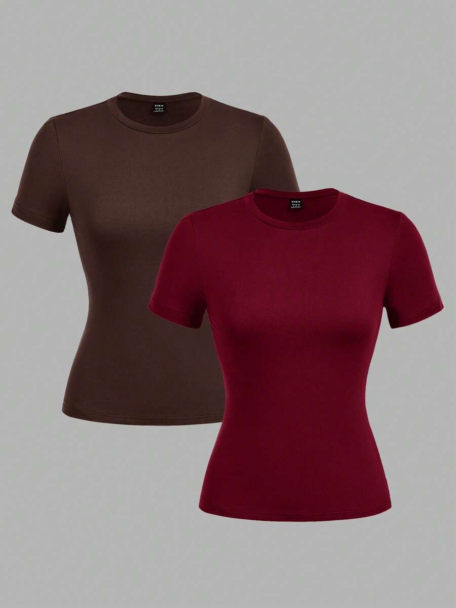 SHEIN EZwear 2件/套 休闲简约基础款圆领短袖打底衫，适合春夏穿着 - 彩色 - 查看 1