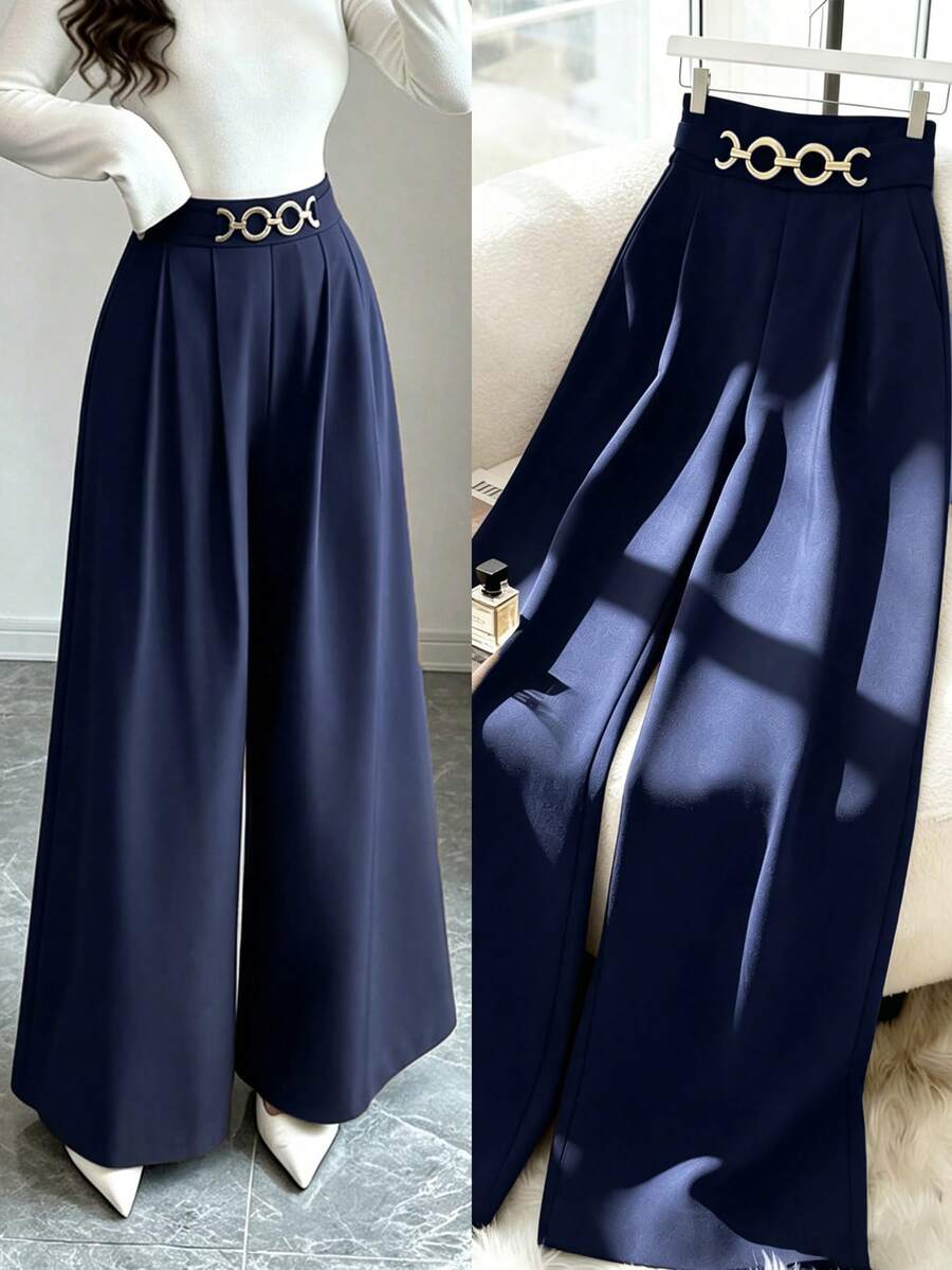 Elenzga New Women High Waist Side Zipper Decor Button Design Flared Leg Casual Everyday Elegant Pants, Spring/Autumn - Royal Blue - View 1