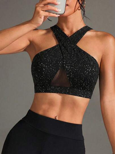 Slayform Áo ngực thể thao lưới phối họa tiết bóng bẩy dành cho nữ