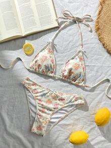 Swim Mod 女士泳装套装，花卉印花，蝴蝶结挂脖式，露背，夏季度假沙滩两件套 - 彩色 - 查看 2