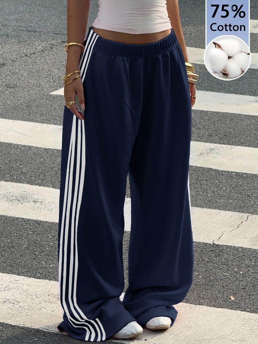 Muchica Cotton Blend Blue Knit Wide Leg Casual Sweatpants For Women - Navy Blue - View 1